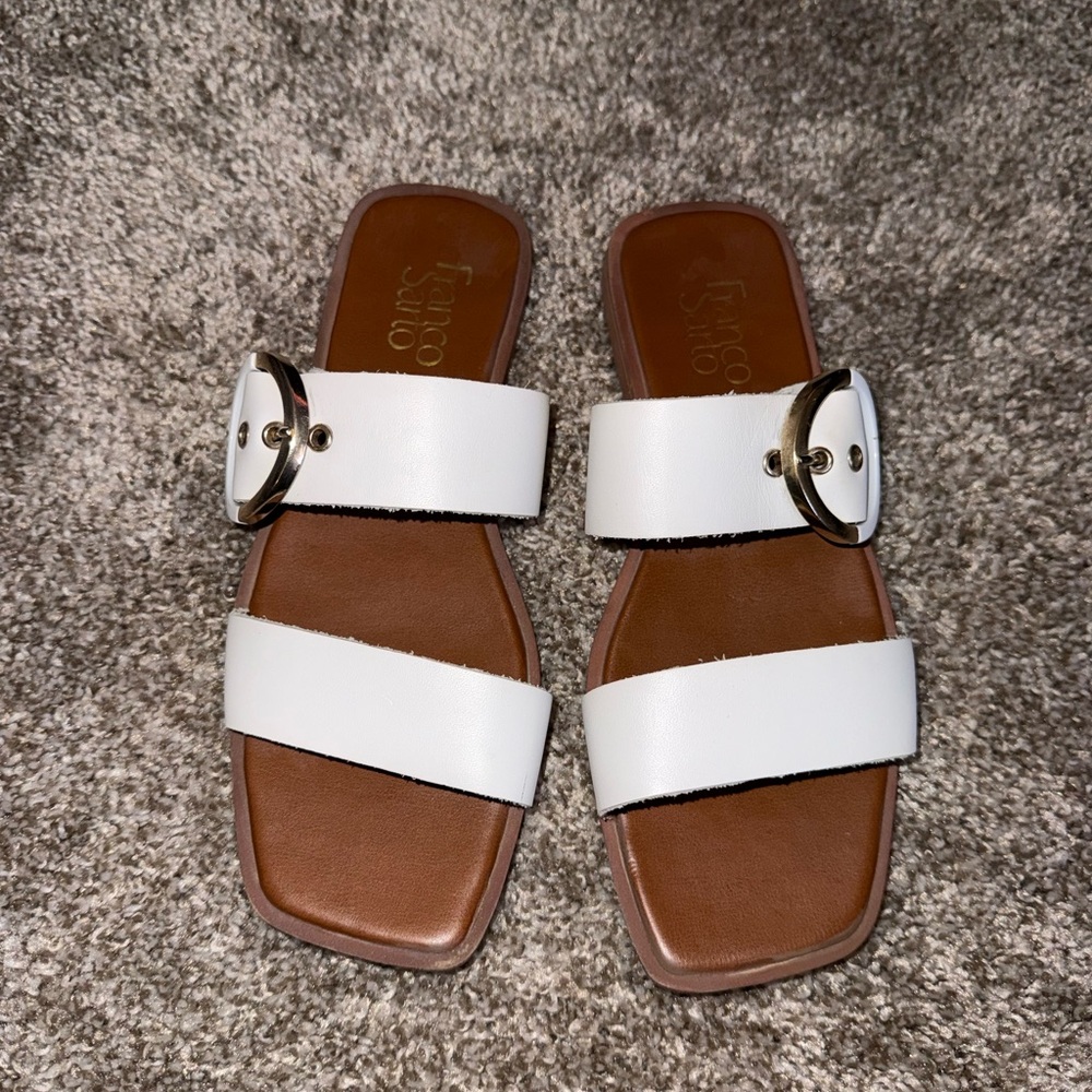 Franco Sarto White Slide Sandals with Gold Buckle